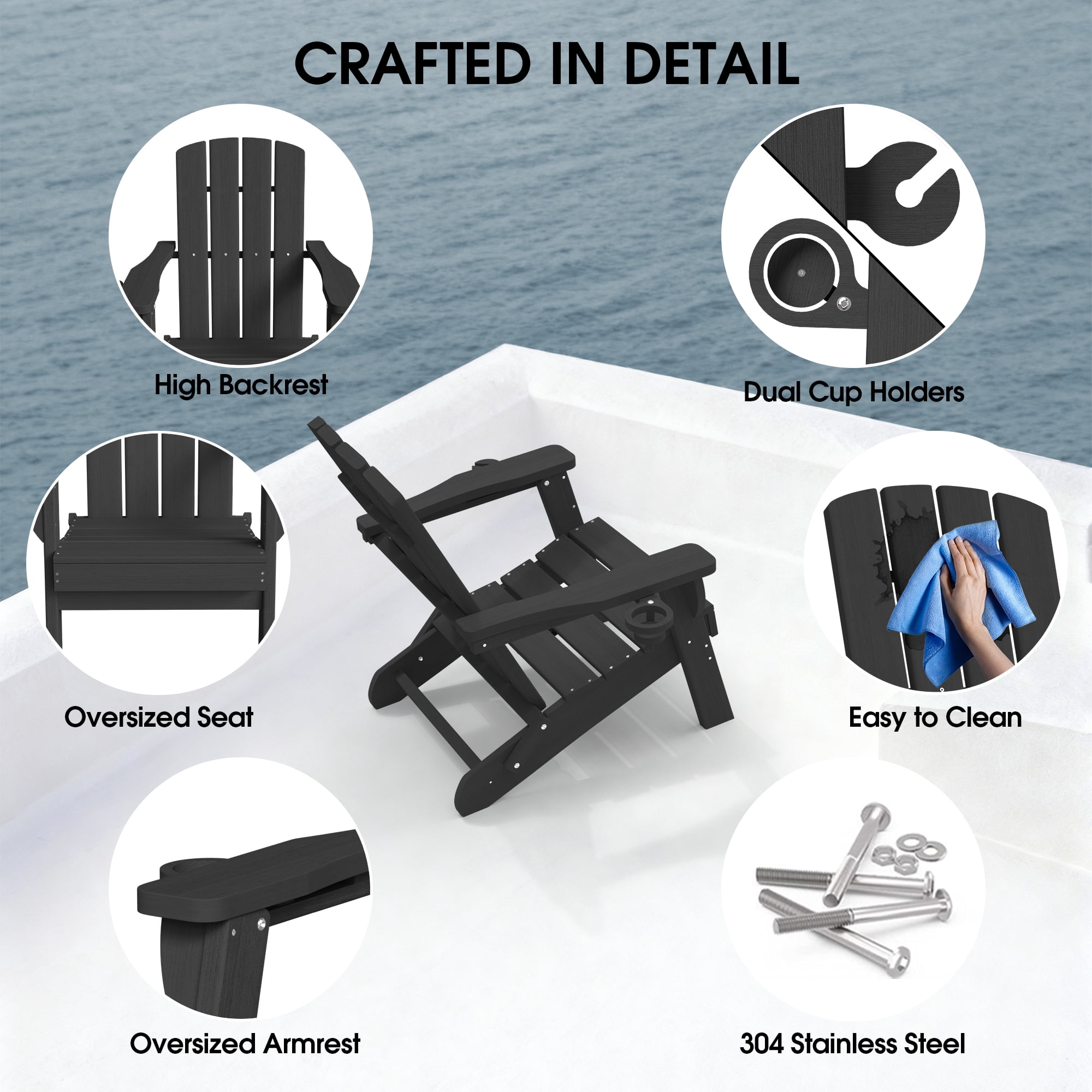SUUNYN Folding Adirondack Chairs Set of 4, HDPE Patio Chairs, Black