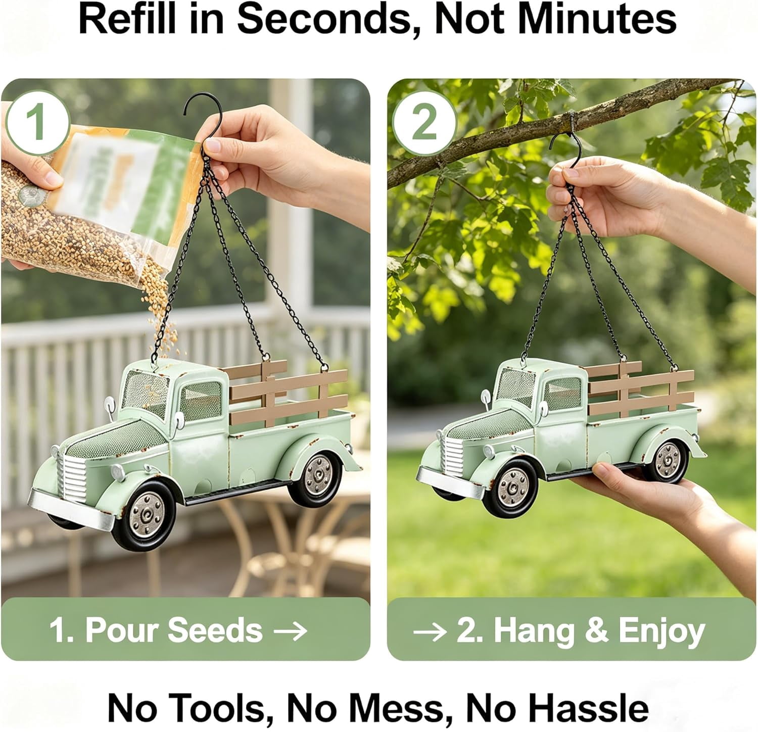 Vintage Truck Bird Feeder, Retro Pickup Rustic Farmhouse Decor for Outside, Hanging Wild Bird Seed Feeder for Garden Patio Backyard, Weather Resistant Metal, Unique Gift for Bird Lovers