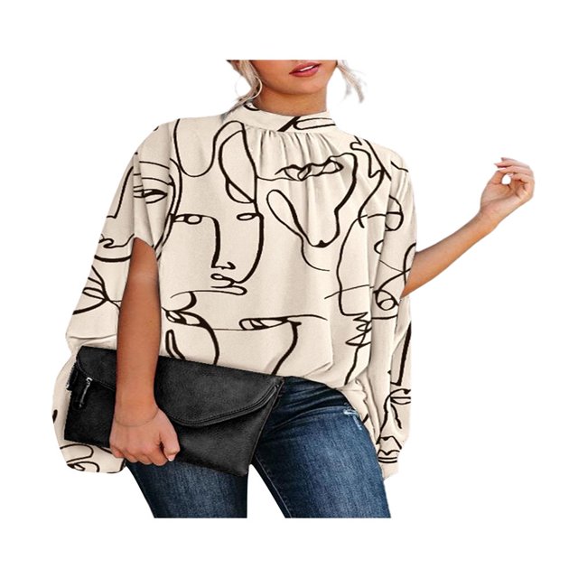 EIMELI Femmes Blouse d'Été Manches Chauves-Souris Chemise à Col Rond à Imprimé Uni
