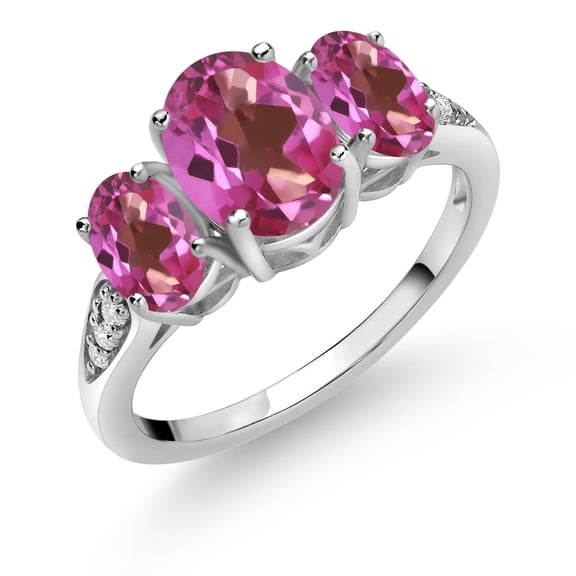 Gem Stone King 10K White Gold Pink Mystic Topaz and White Lab Grown Diamond 3 Stone Engagement Ring for Women | 2.34 Cttw | Three Stone Wedding Engagement Anniversary Promise Ring for Women