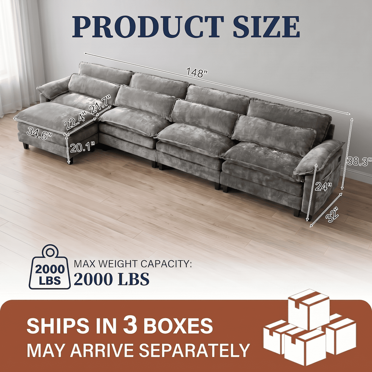 148" Convertible Cloud Sectional Sofa, Modern Chenille L Shaped Couch with Reversible Chaise, Deep Seat 5 Seat Sectional Sofa with Pillows, Comfy Upholstered Couch for Living Room Apartment (Grey)