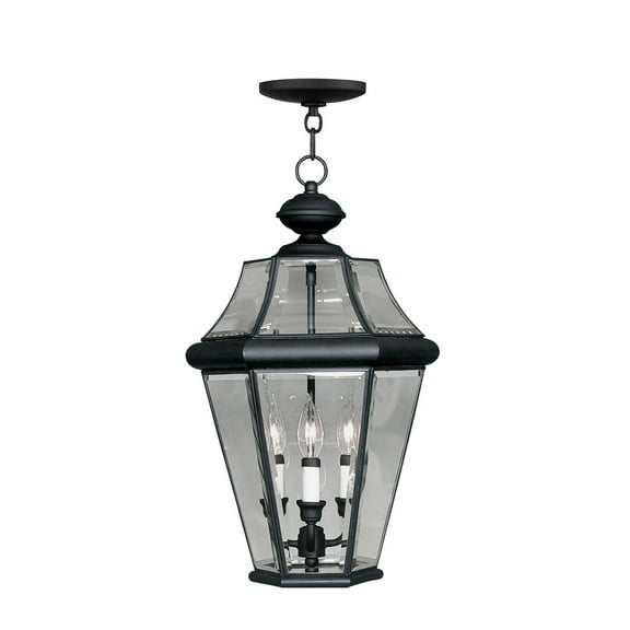 3 Light Black Outdoor Chain Lantern Pendant Lighting Fixture with Clear Beveled Glass Shade backed with Hand Crafted Solid Brass material for patio, front porch, entryway and more