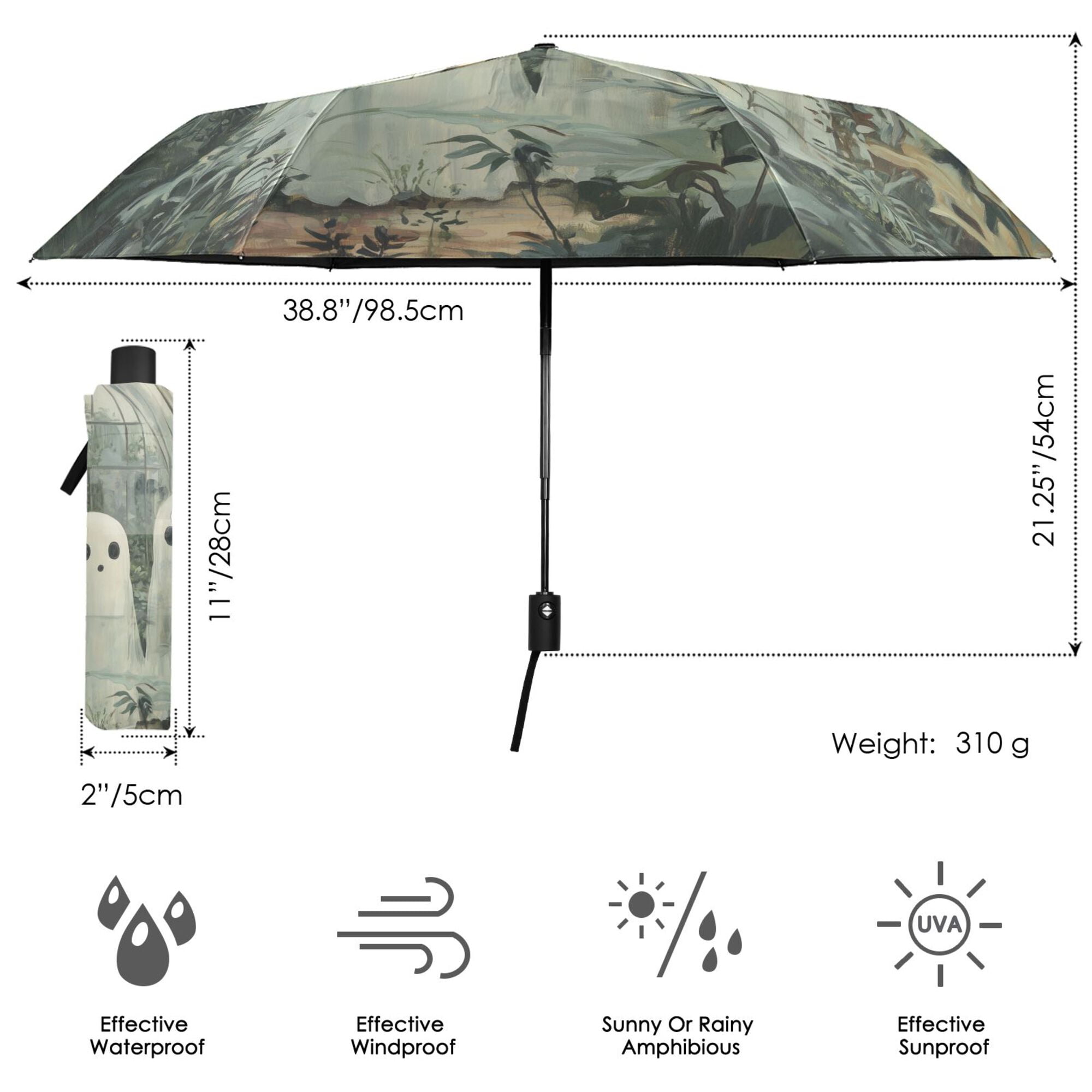 FORMRS Travel Umbrella Folding Auto Open Close Windproof Rain UV Protection, Ghosts Playing in A Garden