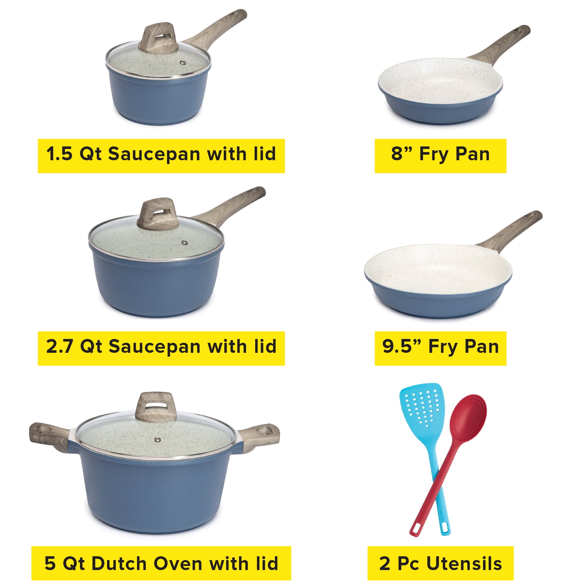 Tasty Cast Aluminum Cookware Set with Smart Heat Base, Dishwasher Safe, Blue, 10 Piece
