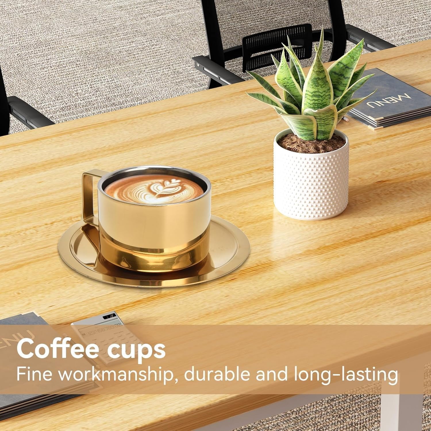 ABCISI 2Pcs Espresso Cups and Saucers Set, Coffee Cup and Saucer Set Coffee Mug Stainless Steel Demitasse Cups Exquisite Luxury Small Coffee Containers for Latte Cappuccino Tea, 200ML, Gold