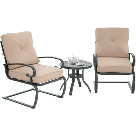 SUNCROWN 3-Piece Patio Furniture Outdoor Bistro Set Spring Metal Lounge Chairs with Patio Bistro Table and Brown Cushions
