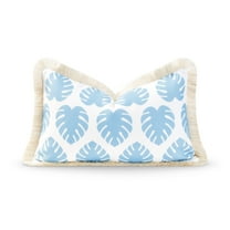 Hofdeco Premium Coastal Hampton Style Patio Indoor Outdoor Lumbar Pillow Cover Only, 12"x20" Water Resistant for Backyard, Couch, Baby Blue Monstera Leaf Fringe