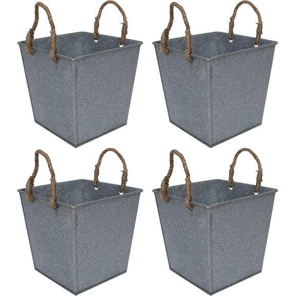 Outdoor/Indoor Set of 4 Planters Square 10"x10"x10" Metal, Galvanized, Tin with Jute Cord Handle