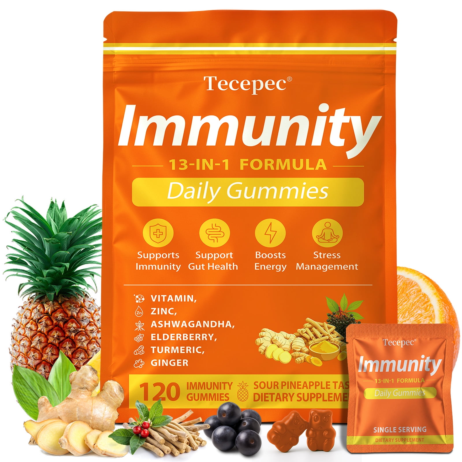 Tecepec 13-in-1 Immunity Daily Gummies, Vitamin C, D, B6, B12 & Zinc, Sour Pineapple Flavor
