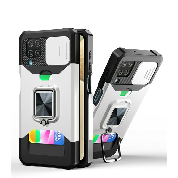 TECH CIRCLE Hard Phone Case for Samsung Galaxy A22 4G (6.4 Inch) - Sliding Cover for Camera, Silicone/Plastic Protective Composite Case, Drop Proof Rugged Cover with Kickstand /Card Holder (Silver)