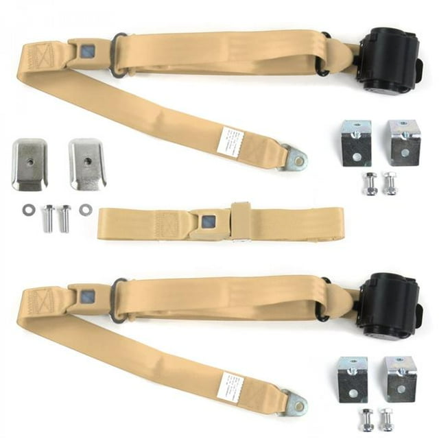 Chevy FS Blazer 1973-1991 Standard 3 Point Tan Retractable Bench Seat Belt Kit with Bracketry - 3 Belts