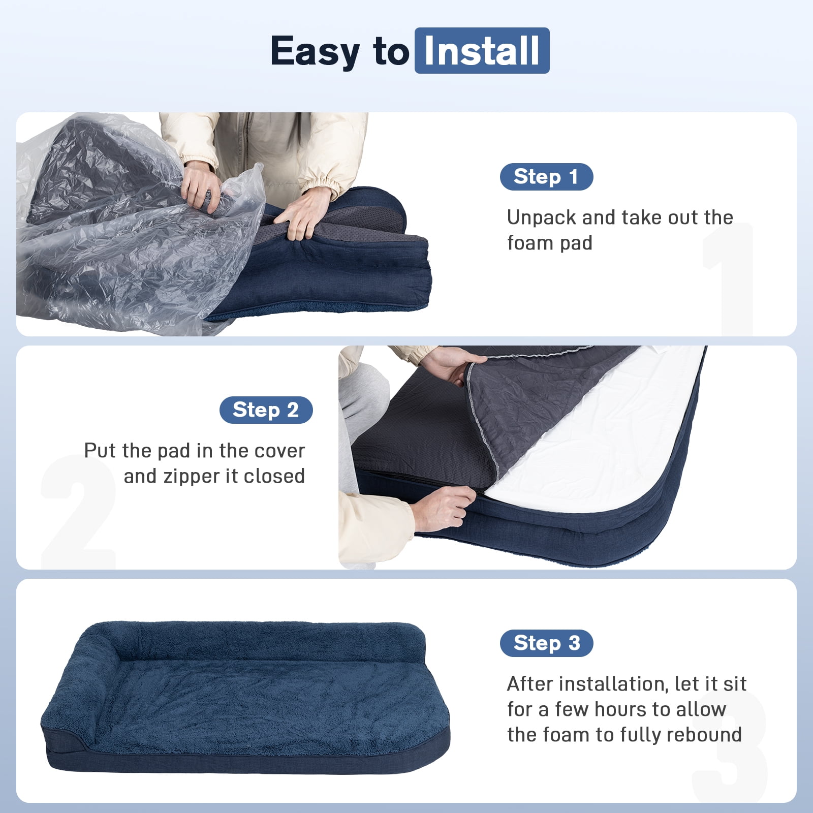PureWags Orthopedic Dog Beds, L Shaped Waterproof Large Dog Bed with Removable Cover and Nonskid Base, Soft Pet Couch Bed-Navy Blue, M