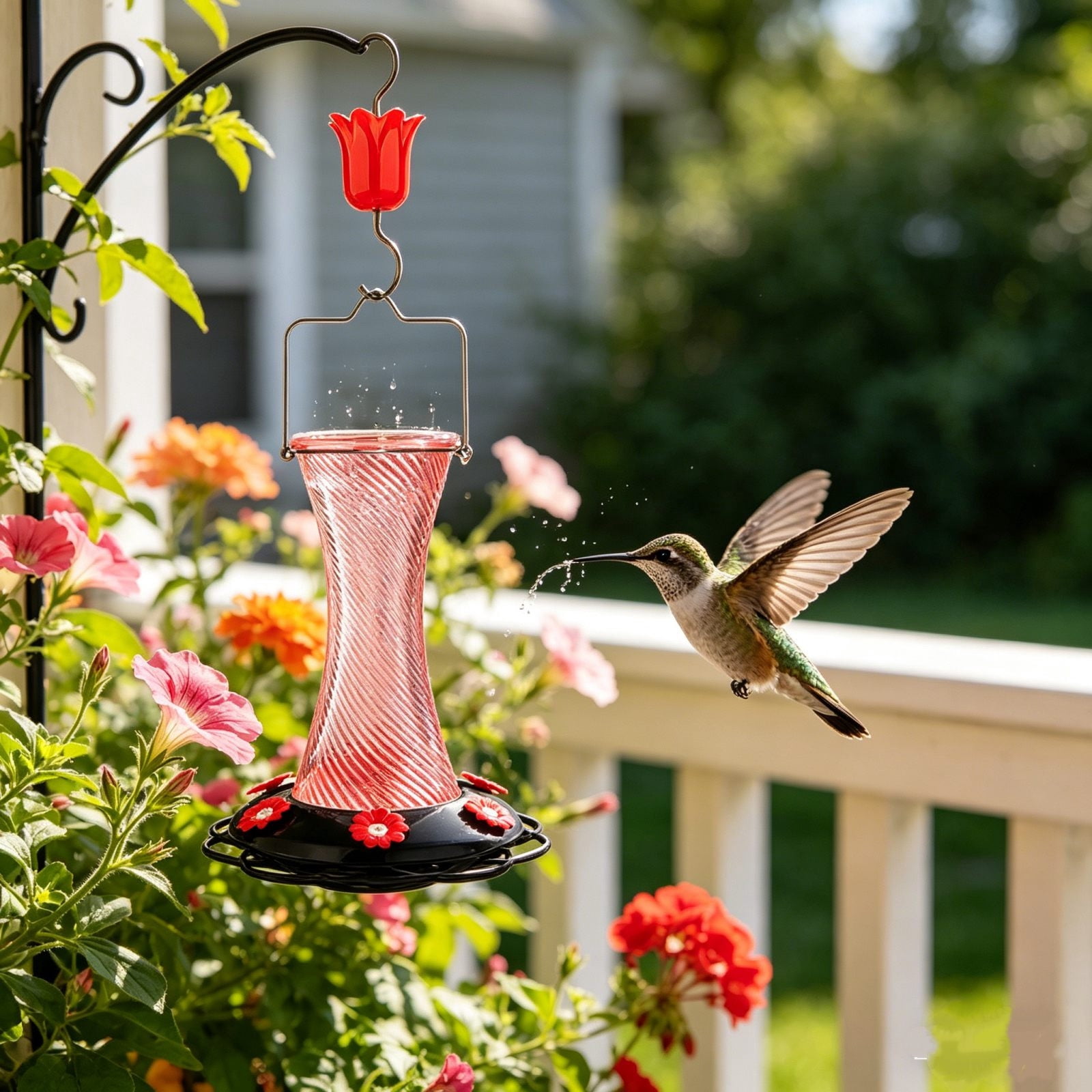 Hanging Glass Hummingbird Feeder, 7.8in Outdoor Decorative Wild Bird Nectar Feeder With Flower‑Shaped Ports