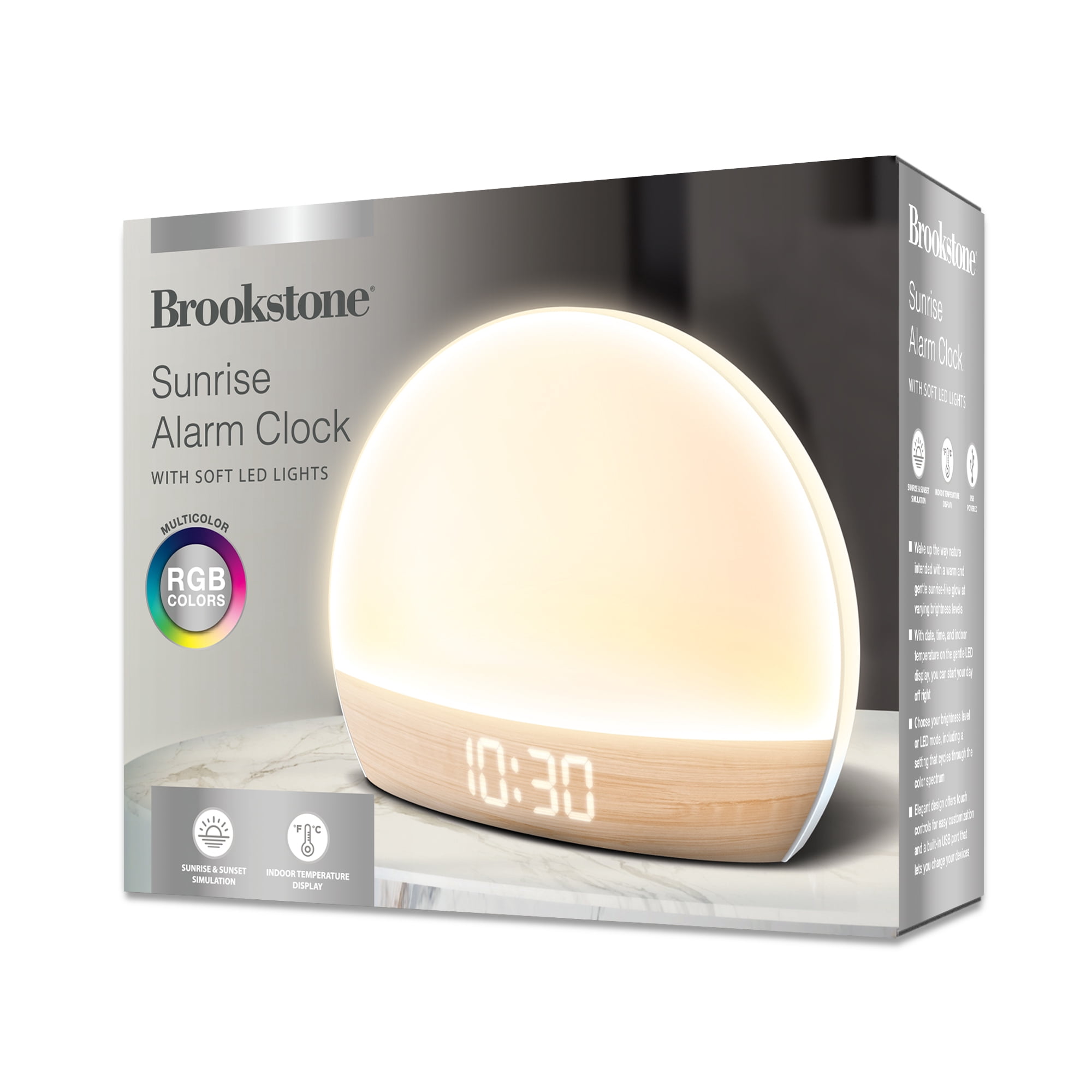Brookstone Sunrise Alarm Clock with Soft LED Light, RGB Color Night Light, Sunrise & Sunset Simulation, Time/Date and Indoor Temperature Display, Touch Controls, USB Powered