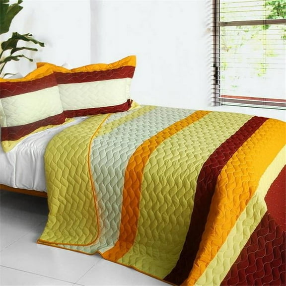 Ruk Sorn Rode - 3 Pieces Vermicelli-Quilted Patchwork Quilt Set Full & Queen Size - Yellow