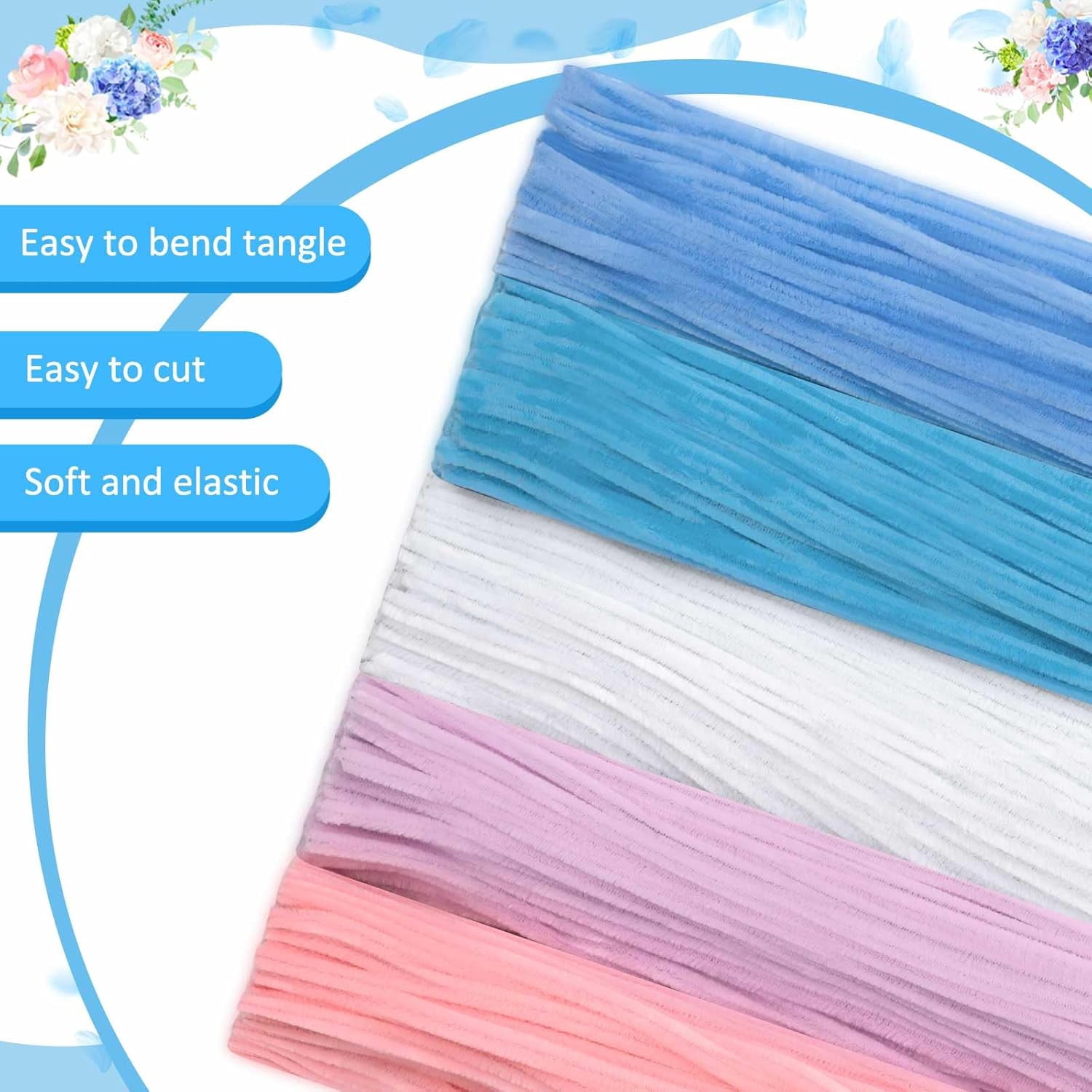 EP 500 Pieces Pipe Cleaners Chenille Stems for Flowers Craft Supplies Bulk Fluffy Fuzzy Sticks for DIY Art Projects Creative Gift Wrapping Party Decorations (Blue & Pink Flower,12 Inch)