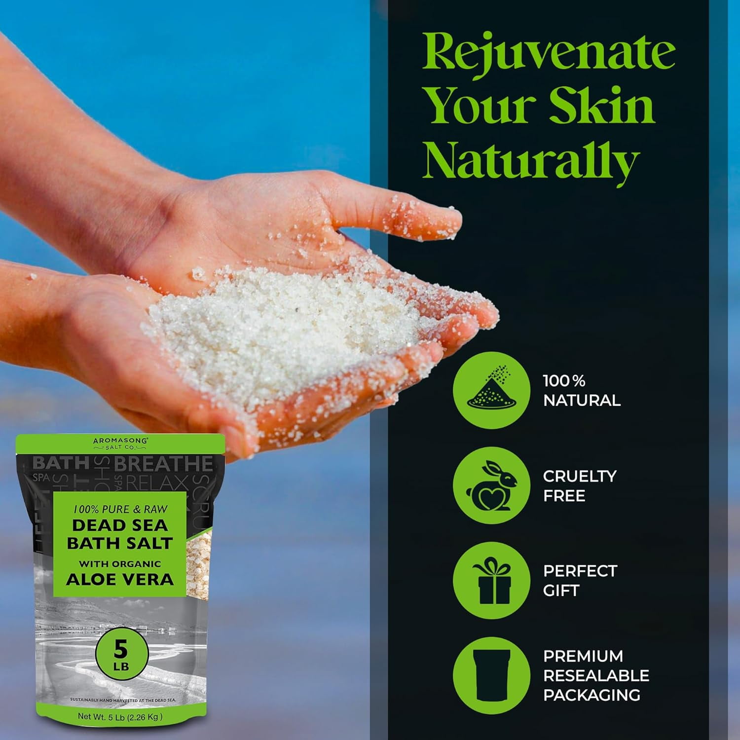 Aromasong Raw Dead Sea with Organic Aloe Vera Bath Salts, 5 lbs Bulk Pack