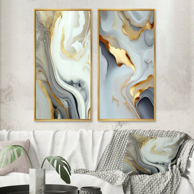 Designart "Marble Abstraction in White and Gold III" Abstract Marble Framed Wall Art Set Of 2 - White Abstract Framed Canvas Set For Living Room Decor