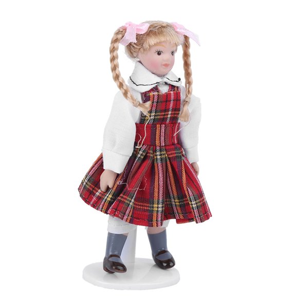 1:12 Dollhouse Doll Miniatura Porcelana Trenza Larga Vestido Rojo Niña Mini Juguete Muñeca ModeloRojo