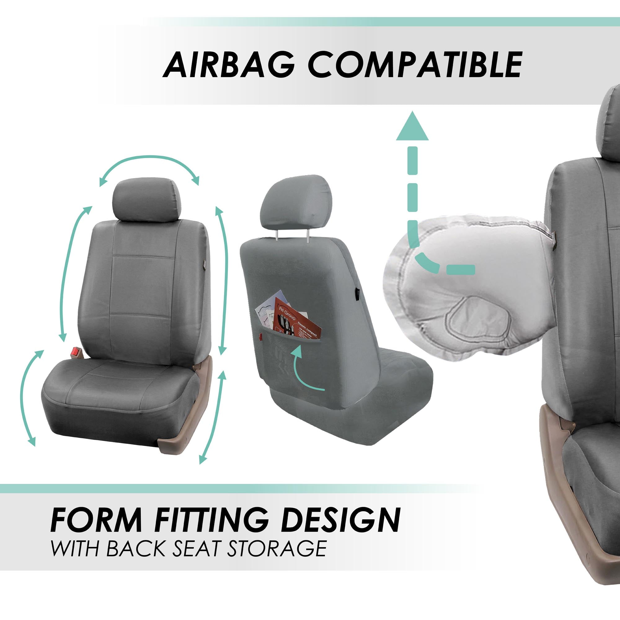 FH Group 3 Rows Universal Fit Faux Leather Car Seat Covers for SUV Sedan, Airbag Compatible, Split Bench w/ Free Air Freshener - 7 Seaters Solid Gray