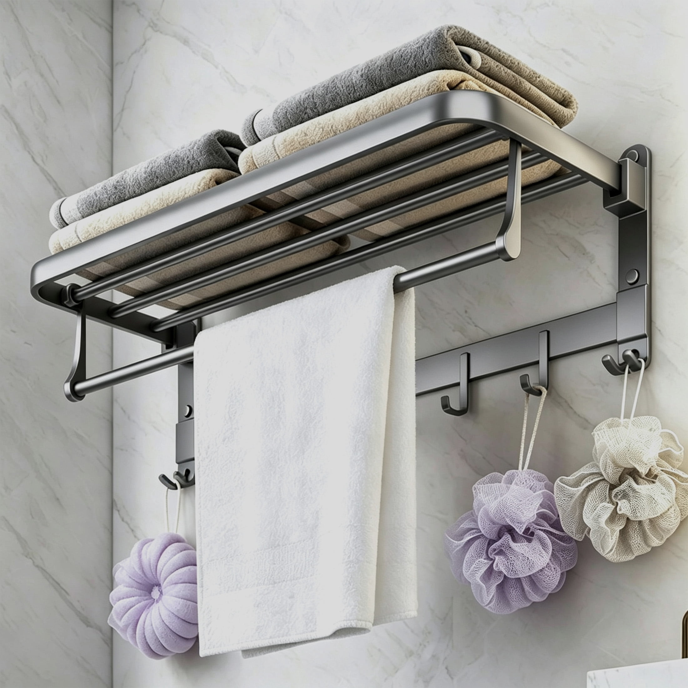 GARITIN Bathroom Towel Rack, 90° Rotatable Aluminum Towel Bar with Shelf & Hooks, Wall Mount Towel Holder for Shower Toilet Hotel