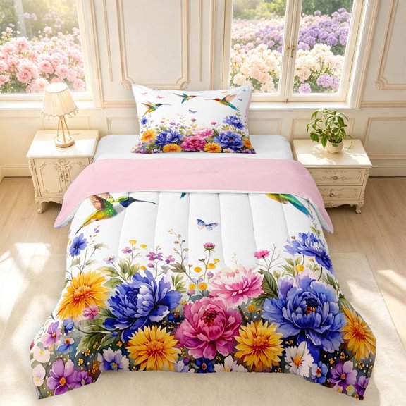 Erosebridal Lovely Hummingbird Twin Comforter Sets,Kawaii Wildlife Bedding Set,White Blue,Pink Reversible,2pcs,1 Comforter and 1 Pillowcase