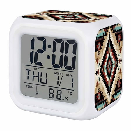 Boho Brown Teal Red Digital Alarm Clock for Bedrooms,Smart LED Alarm Clock with 7 Color Changing Night Light,Southwestern Geometric Art Vintage Silent Wake Up Clocks for Sleep Study Cooking 3.2x3.2
