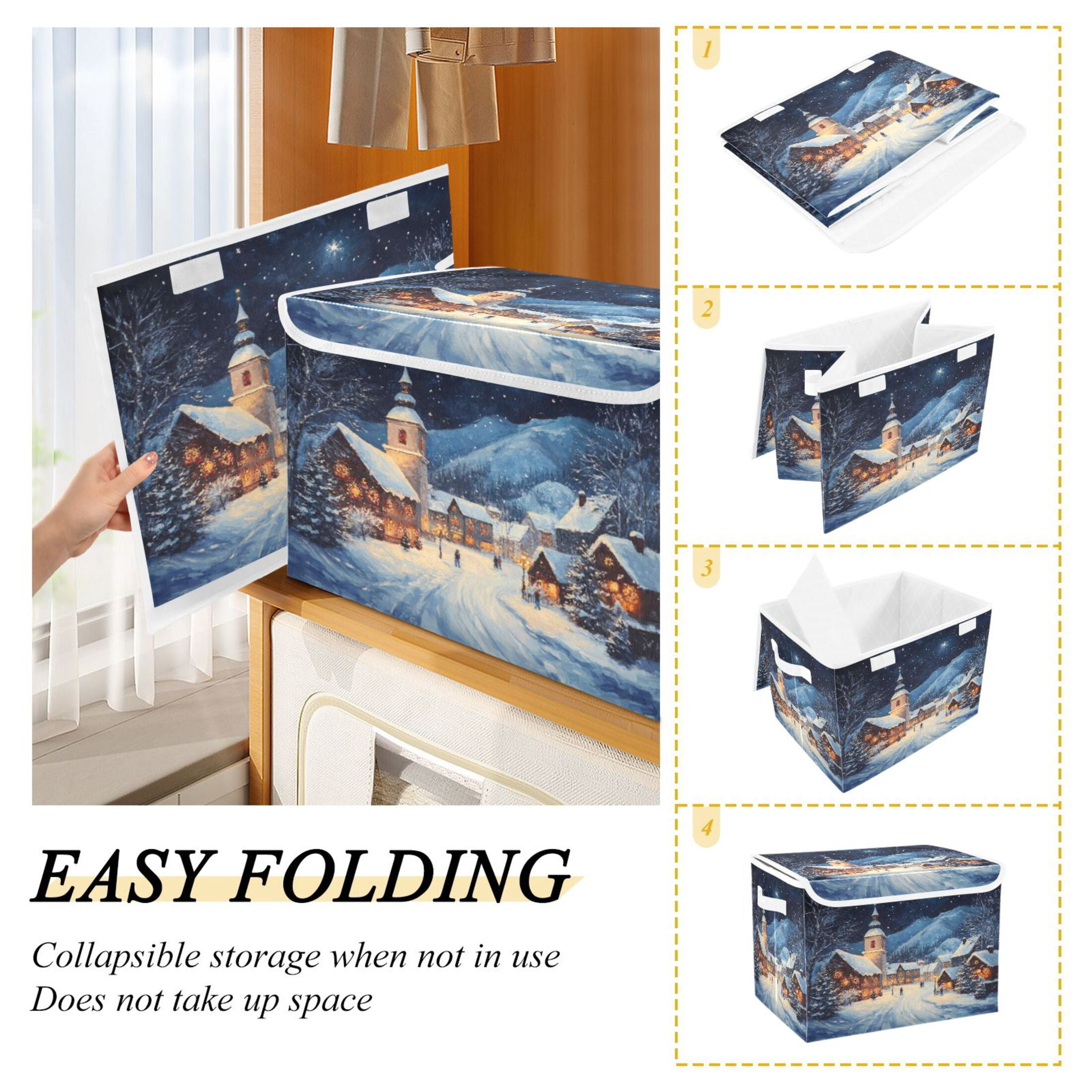 Storage Box With Lid 16.5x12.6x11.8In Foldable Stacked Household Storage Box Christmas Snow Picture