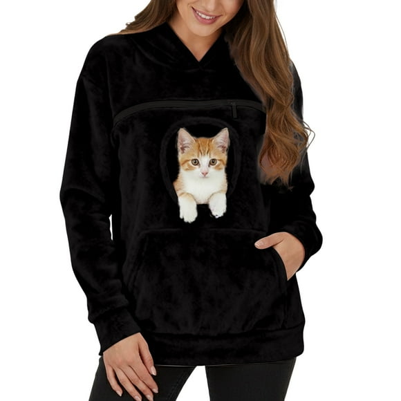 Winter Flannel Hooded Sweatshirt For Cozy Pullover With Front Pocket Soft Warm Zip Hoodies for Women Long Sleeve Thin Hoodie Women Womens plus Sweatshirts Hoodies Casual Tunic Sweatshirt Bla Black XXL
