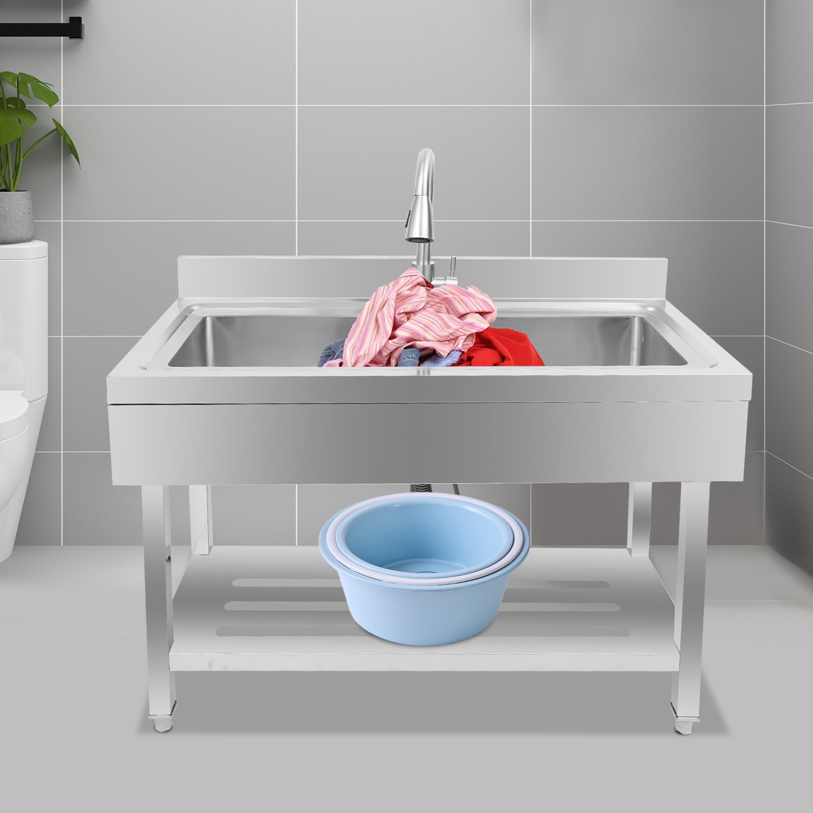 Stainless Steel Utility Sink,Multi-functional ​​Kitchen Sink with Cold and Hot Water Pipe and Faucet, Durable Composite Material,for Laundry Room Kitchen