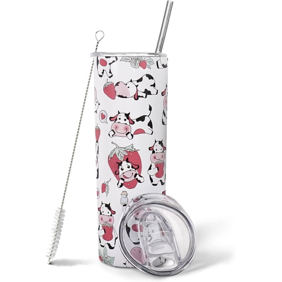 20 oz Strawberry Cow Print Tumbler - Insulated Skinny Cup with Straw & Lid, Cute Cow Pattern Design - Ideal Birthday Gift for Women, Cow-Themed Decor Accessories