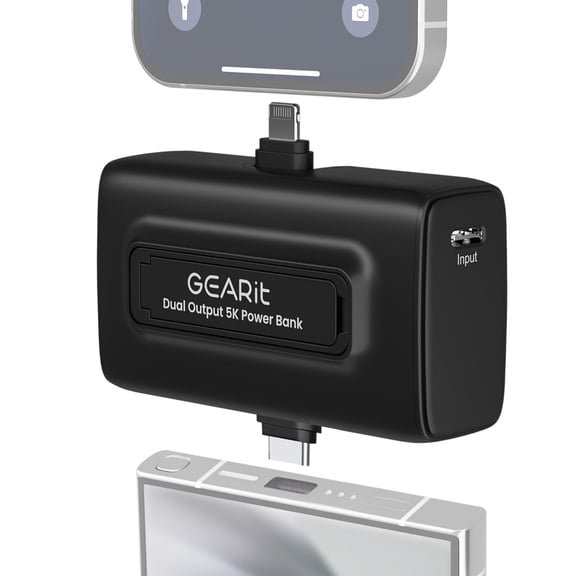 GEARit 5000mah Power Bank - Dual Output, Mini Battery Pack with Integrated USB-C and Lightning Connectors - Compact, Small Portable Charger Compatible - Black