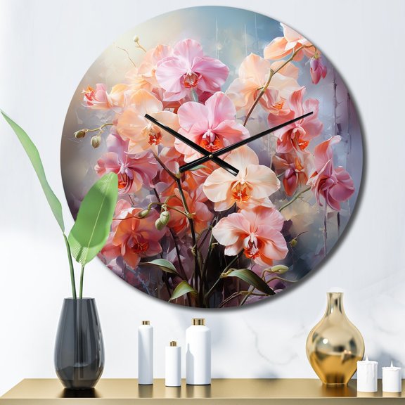 Designart "Peach Orchids love expression II" Floral Oversized Wall Clock