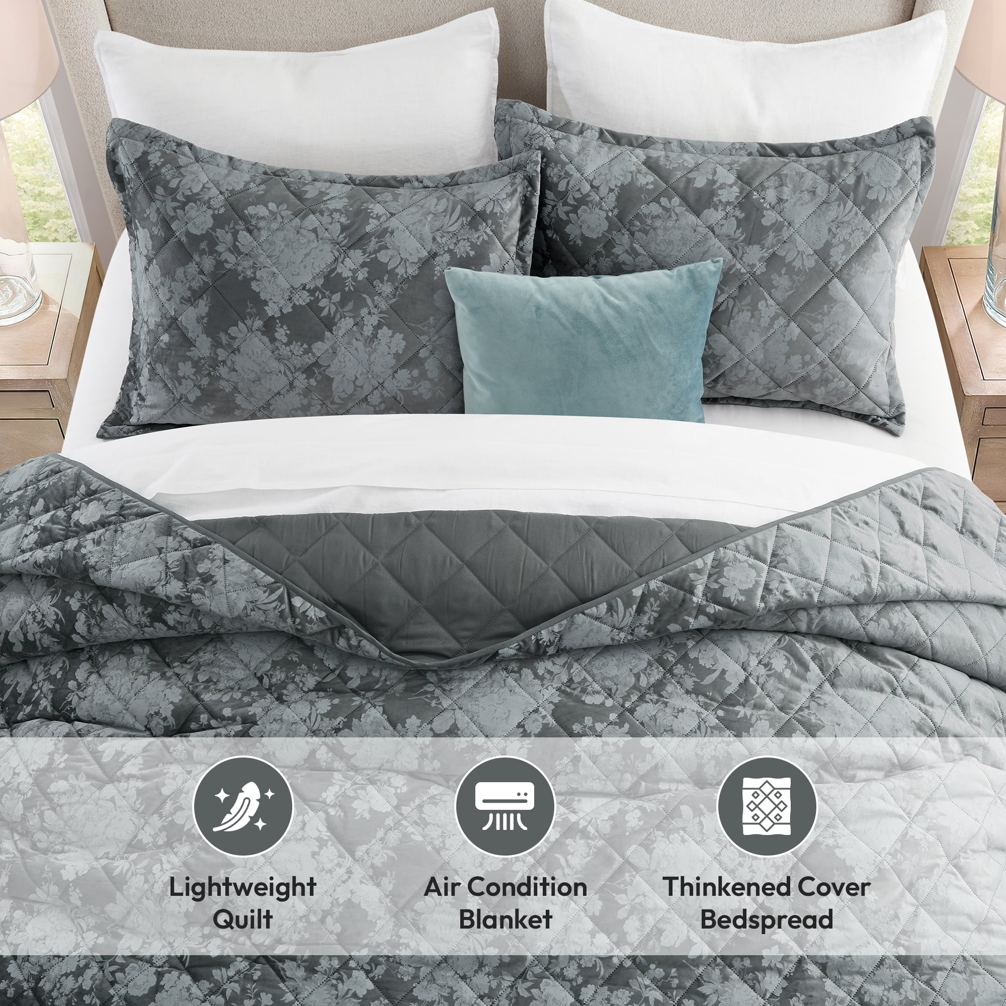 IR Imperial Rooms Velvet Bedspread Floral Pattern 3-Piece Set Ultrasonic Embossed Quilt Reversible Soft Microfiber Coverlet Queen Size Grey