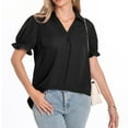 thumbnail image 2 of Lovskoo Plus Size Chiffon Summer Tops for Women 2024 Button Down Collared Short Sleeve Solid Color Bubble Sleeve Fall Loose Button Top Black, 2 of 9
