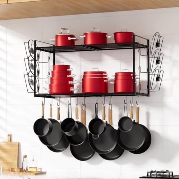 16.7"- 31" Expandable Pot Rack Wall Mounted, 2 Tier Hanging Pots and Pans Organizer Heavy Duty Kitchen Shelves with 6 Pot Lid Holders and 12 Hooks for Kitchen Cookware Utensils Storage