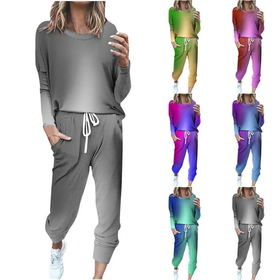 Miluxas Lounge Sets for Womens 2 Piece Outfits Fashion Printed Crewneck Long Sleeve Tops Wide Leg Pants Casual Travel Sweatsuit Yellow XL(XL)