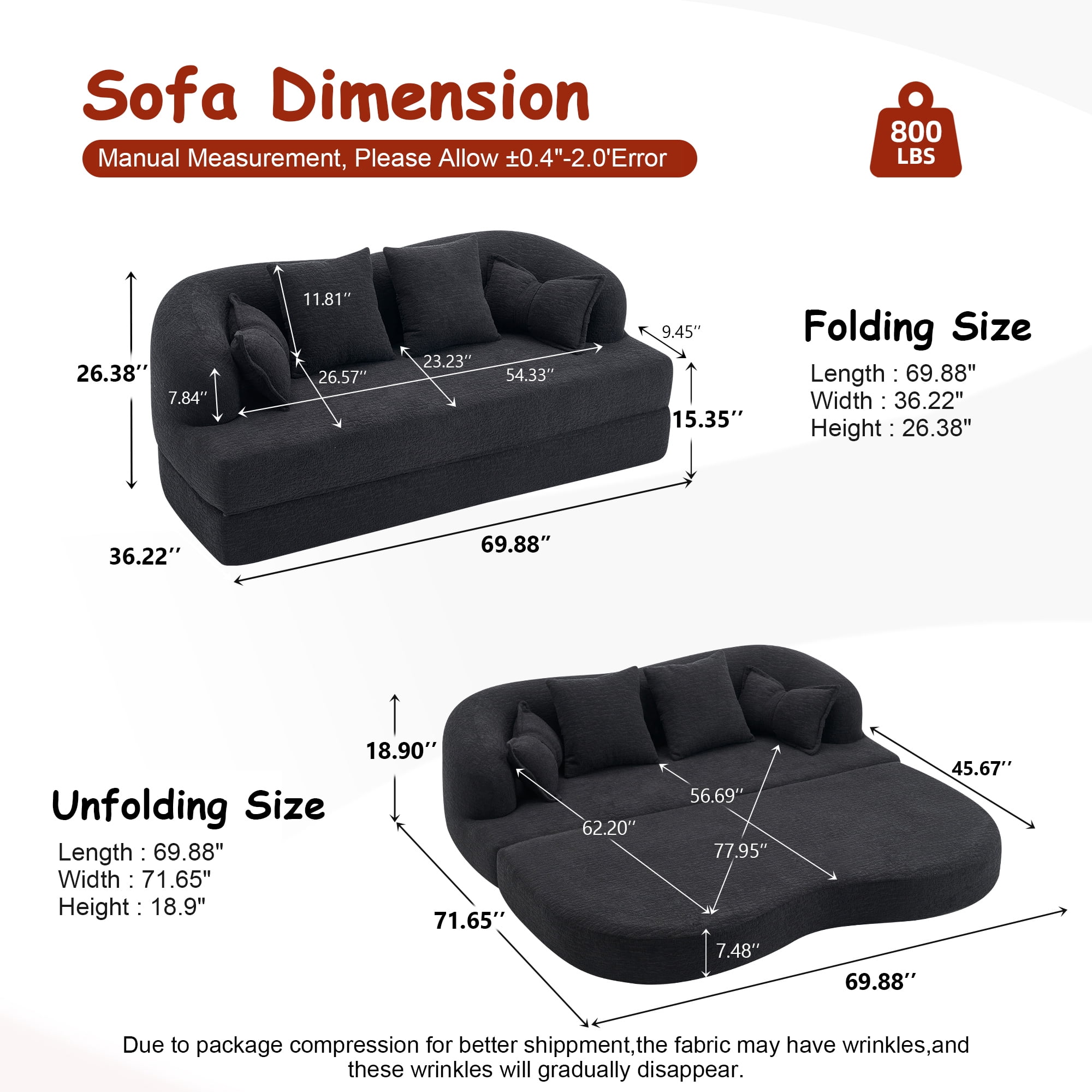 Leumius Futon Sofa Bed,Convertible Sofa Bed,Folding Boneless Couch for living Room,Fold Out Small Foldable Loveseat Floor Sleeper Mattress Lounge Space‑Saving,Black