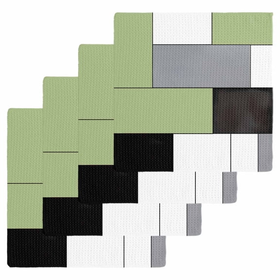 Sage Green Black Grey Dish Towels Set,Waffle Weave Kitchen Towels 4 Pieces,Modern Irregular Geometric Abstract Microfiber Hair Face Bath Tea Towel Absorbent Quick Drying Cleaning Dish Cloths,12"x12"