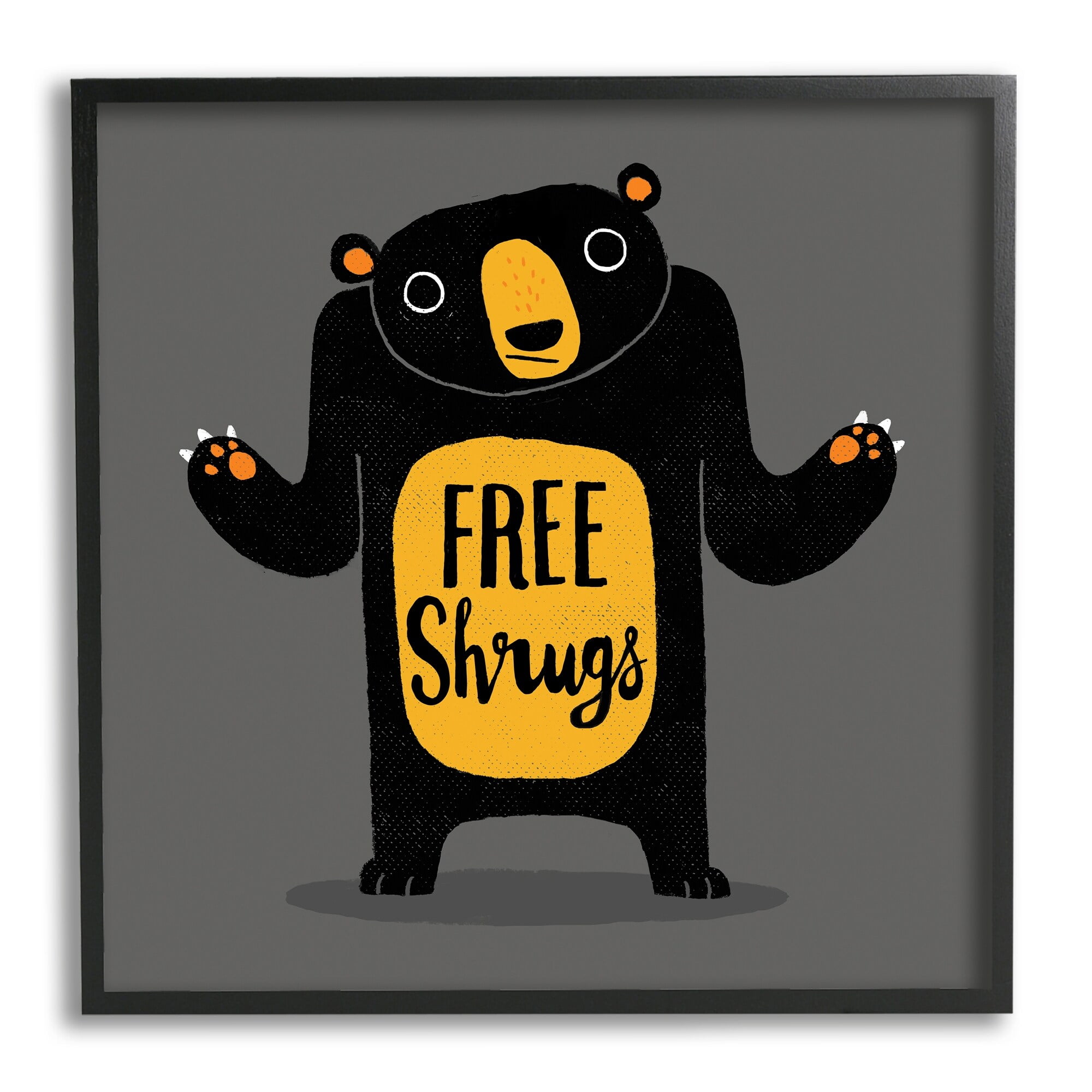 Stupell Industries Free Shrugs Phrase Funny Black Bear Illustration Framed Wall Art, 24 x 24, Design by Michael Buxton