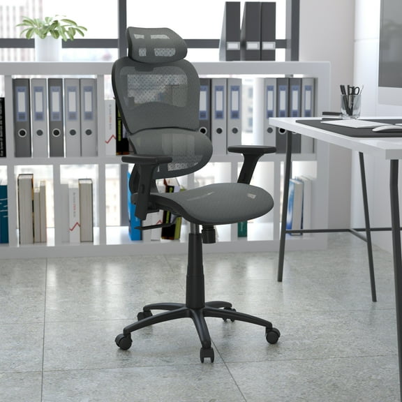 Flash Furniture Ergonomic Mesh Office Chair with 2-to-1 Synchro-Tilt, Adjustable Headrest, Lumbar Support, and Adjustable Pivot Arms in Gray