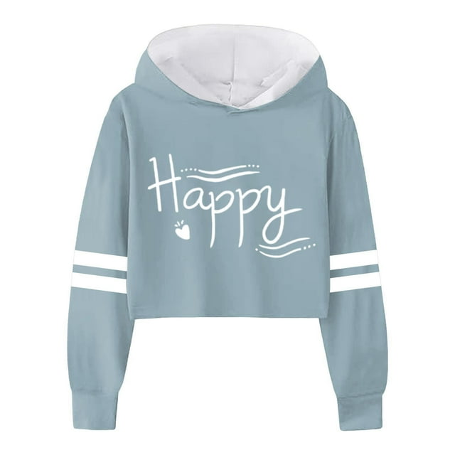 FAOWME Child Girls Long Sleeve Letters Solid Color Crop Sweatshirt Hoodie Pullover Tops For Kids Light Blue 4-5 Years