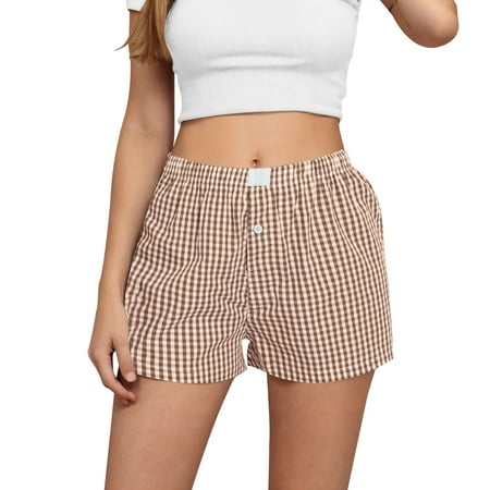FAVIPT Women s Casual Loose Shorts Elastic High Waist Plaid Boxer Shorts Button Front Lounge Pajama Bottoms 2026 Yellow XXL