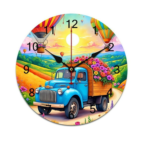 Vintage Red Pickup Truck Flowers Printed Silent Wall Clock Round Kitchen Clock Chic Quiet Desk Clock For Living Room