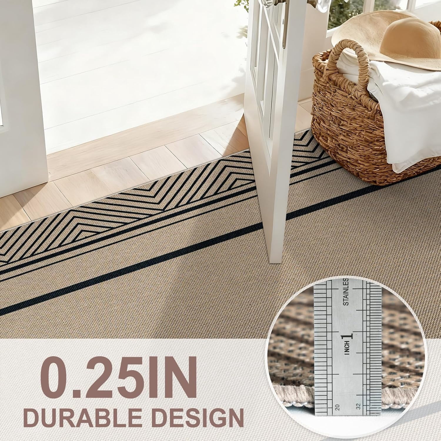 ORGOWEL Doormat Washable Easy Jute Rugs Boho Indoor Outdoor Rug 3*5ft Entryway Rugs Non-Slip Low Pile Black Door Mat Carpet for Living Room Kitchen Entry Patio Deck