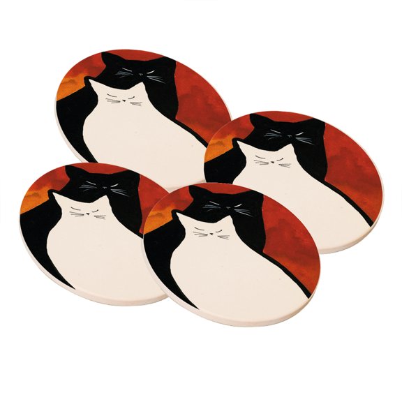KuzmarK Sandstone Drink Coaster (set of 4) - Black & White Kitties Abstract Cat Art by Denise Every