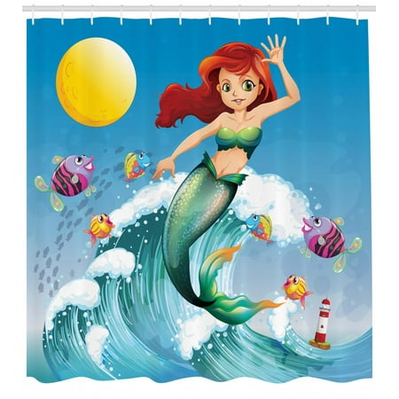 Shower Curtain Little Mermaid Kids Shower Curtain Set, Illustration of Cute Little Mermaid on top of a Big Wave in the Surf with Fish Kids Decor, Bathroom Decor, Multi, by Ambesonne ()