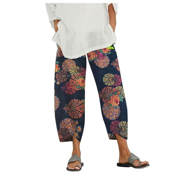 CBGELRT Vintage Floral Embroidery Cotton Linen Pants Women 2023 Spring Summer Elastic Waist Wide Leg Pants with Pockets Casual Trousers
