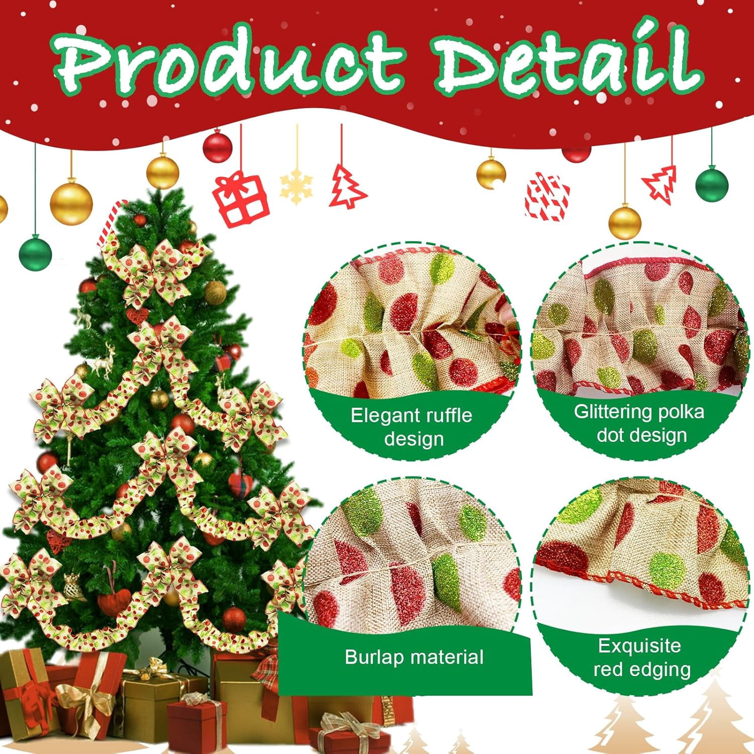 Dalrosia Christmas Tree Ribbon Garland Red and Green Polka Dot Ribbon Garland for Christmas Tree Burlap Ruffled Wired Ribbon Xmas Tree Garland Vintage Rustic Farmhouse Home Deco