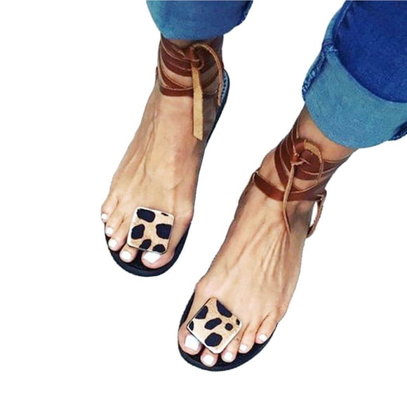 Open Toe Leopard Printed Sandals Summer Flat Shoes Women's Strappy Sandals